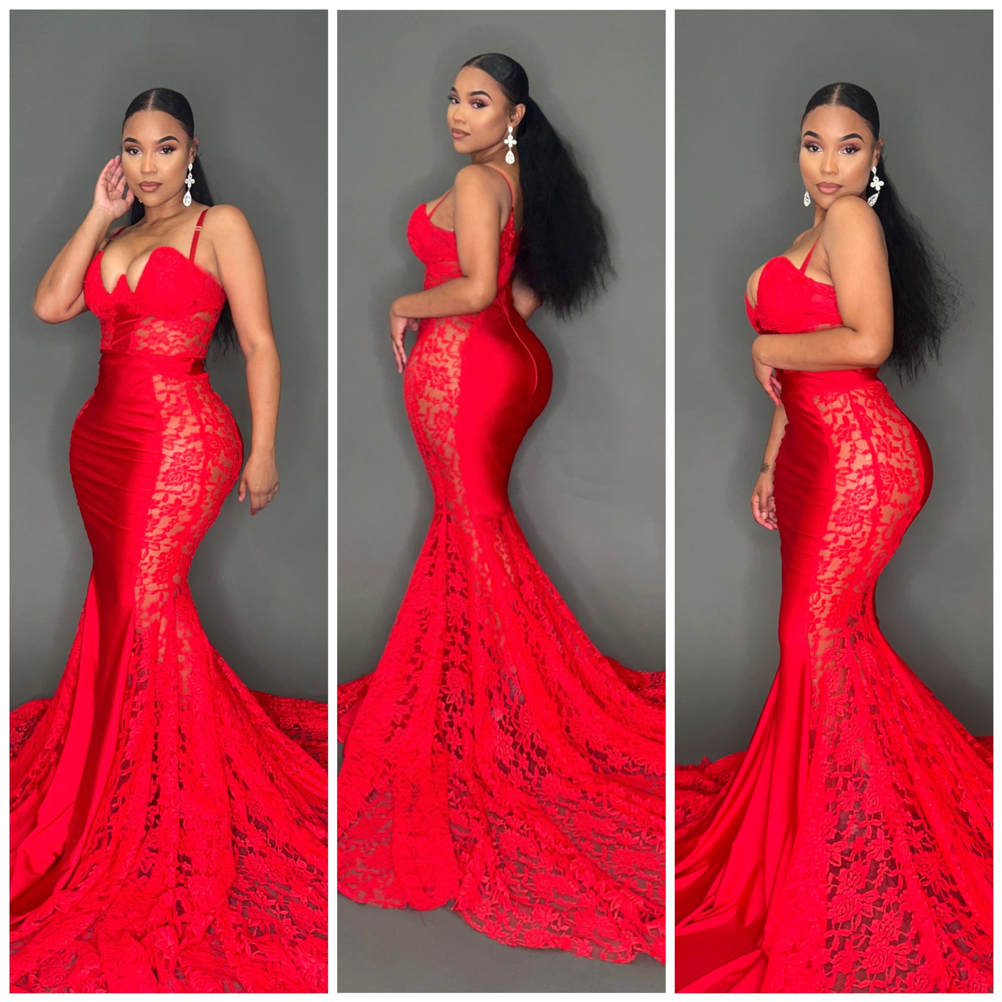 Red Tulle Lace Off Shoulder Long Prom Dress Red Lace Evening Dress – shopluu