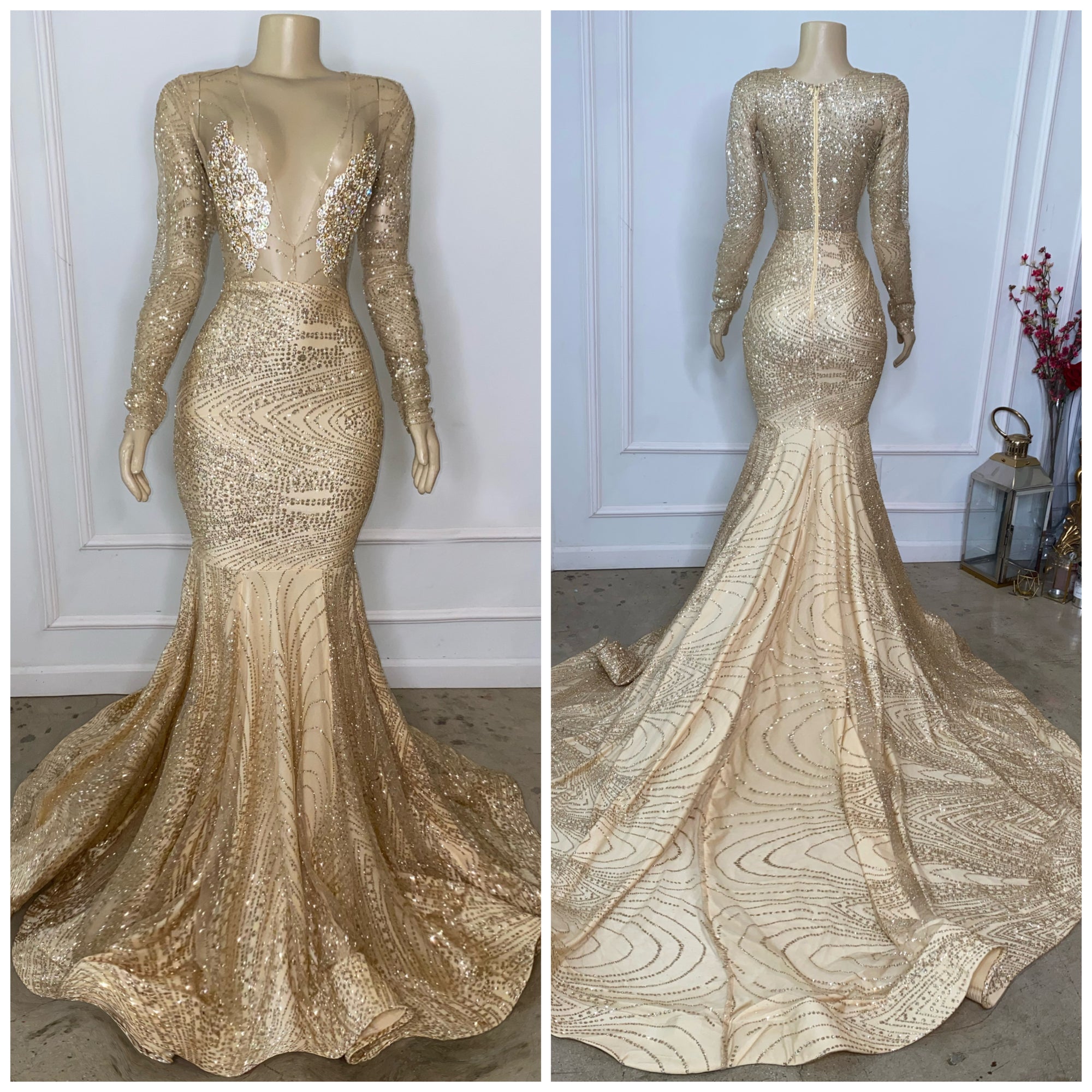 Champagne Glitter gown w/ Diamond appliques