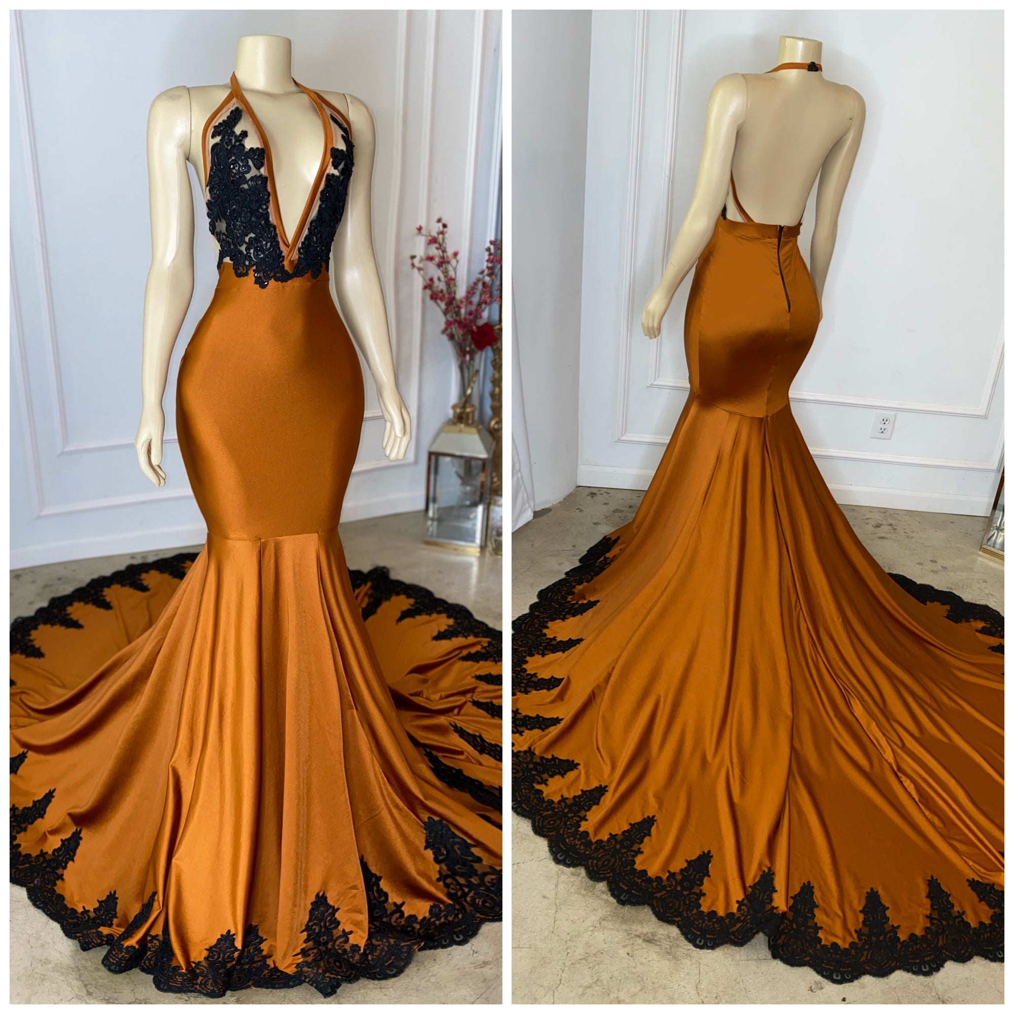 Burnt Orange/ Black lace Gown